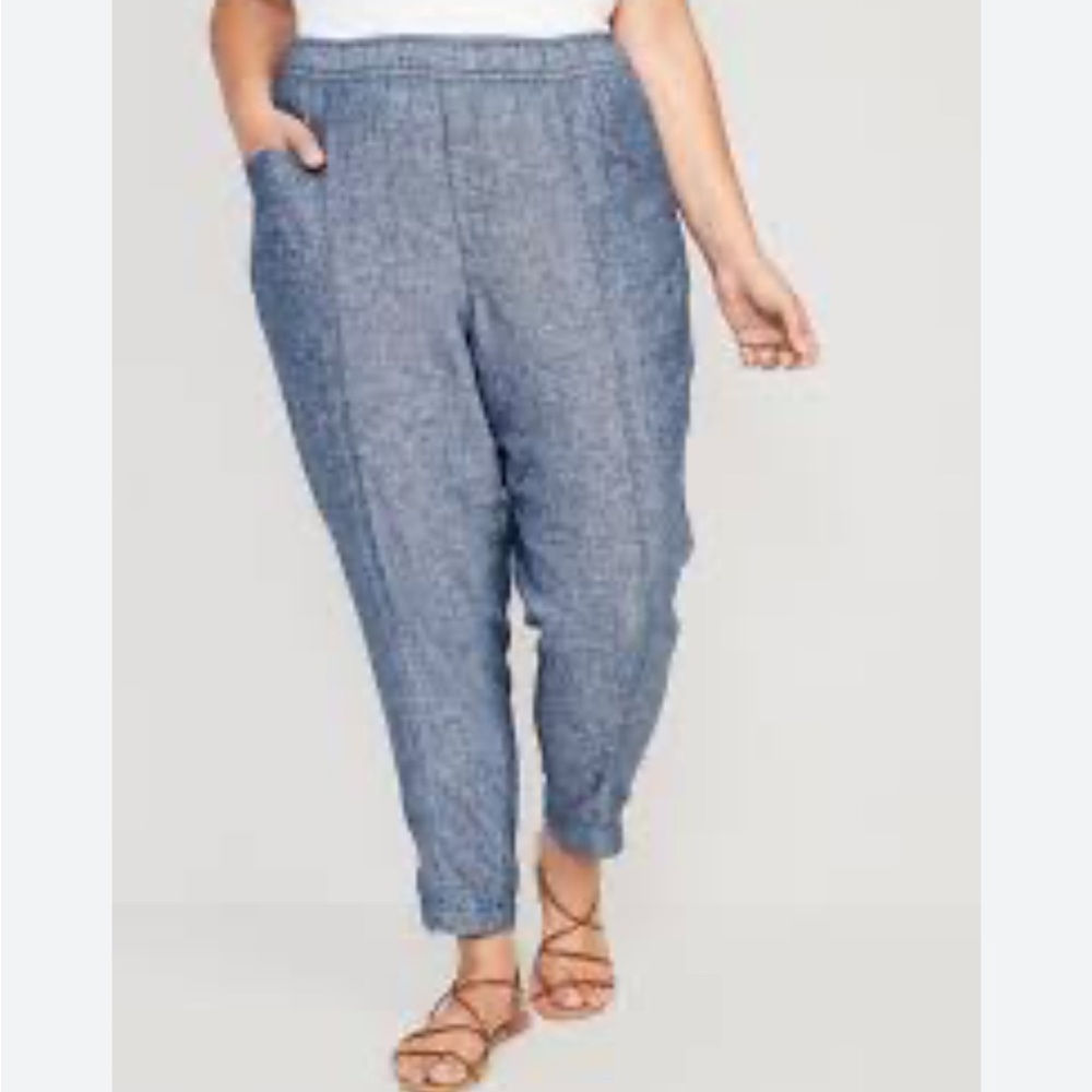 Old Navy Linen Rayon Blend Pull On Elastic Waist Denim Look Pants Pockets Blue💙